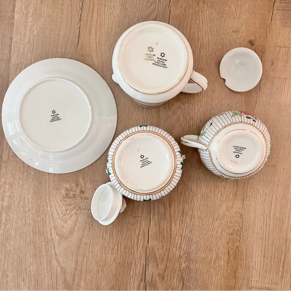 RARE 1920 Paragon Small Size Teapot, Sugar Bowl, Creamer, ‎ Plate Peony Antique